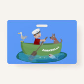 かわいい男の子のセーラーと犬のボートの漫画 バッジ (正面)