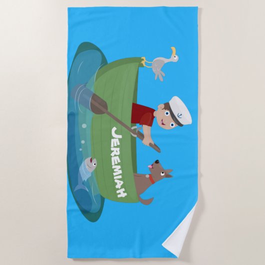 かわいい男の子のセーラーと犬のボートの漫画 ビーチタオル (正面)