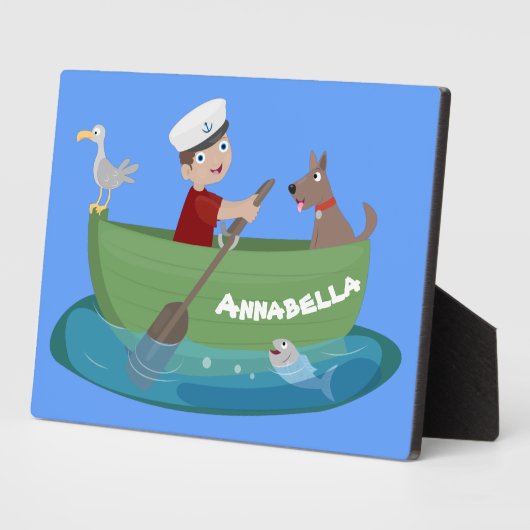 かわいい男の子のセーラーと犬のボートの漫画 フォトプラーク (側面)