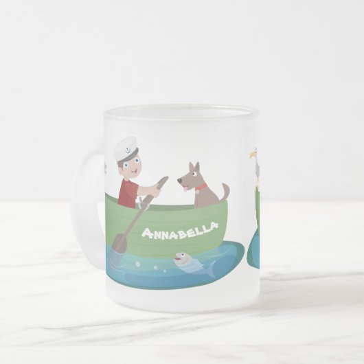 かわいい男の子のセーラーと犬のボートの漫画 フロストグラスマグカップ (正面左)