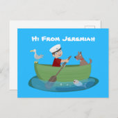 かわいい男の子のセーラーと犬のボートの漫画 ポストカード (正面/裏面)