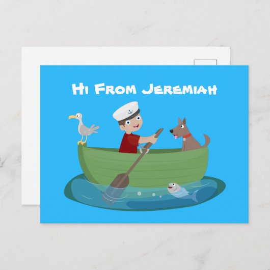 かわいい男の子のセーラーと犬のボートの漫画 ポストカード (正面/裏面)