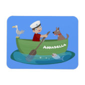 かわいい男の子のセーラーと犬のボートの漫画 マグネット (横)