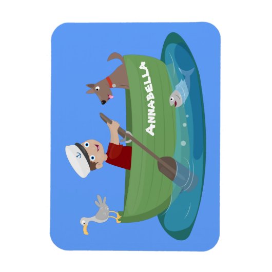 かわいい男の子のセーラーと犬のボートの漫画 マグネット (縦)