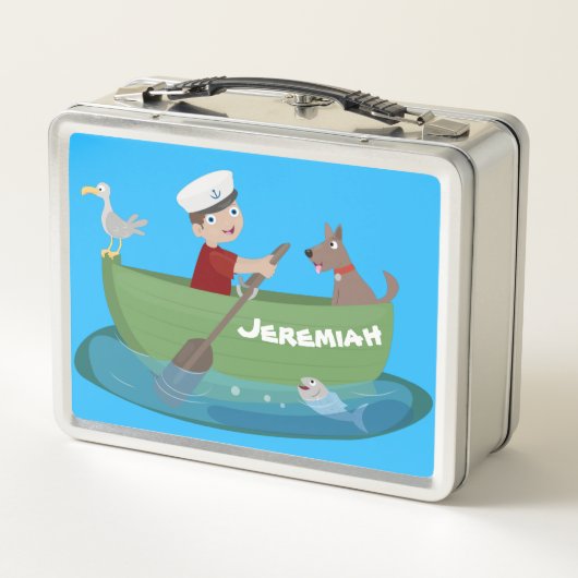 かわいい男の子のセーラーと犬のボートの漫画 メタルランチボックス (裏面)