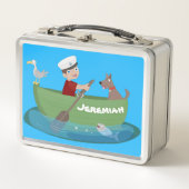 かわいい男の子のセーラーと犬のボートの漫画 メタルランチボックス (正面)