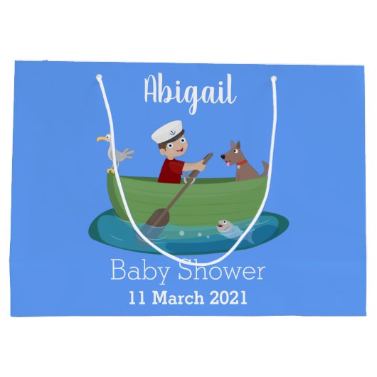 かわいい男の子のセーラーと犬のボートの漫画 ラージペーパーバッグ (裏面)