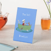 かわいい男の子のセーラーと犬のボートの漫画 台座サイン (インサイチュ)