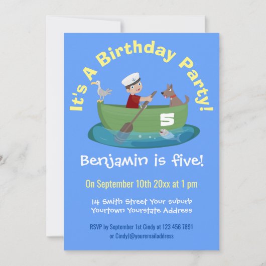 かわいい男の子のセーラーと犬のボートの漫画 招待状 (正面)