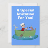 かわいい男の子のセーラーと犬のボートの漫画 招待状 (裏面)