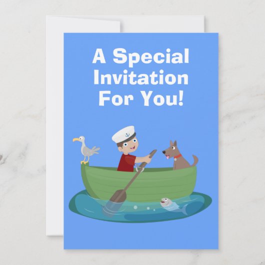 かわいい男の子のセーラーと犬のボートの漫画 招待状 (裏面)