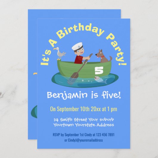 かわいい男の子のセーラーと犬のボートの漫画 招待状 (正面/裏面)