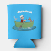 かわいい男の子のセーラーと犬のボートの漫画 缶クーラー (裏面)