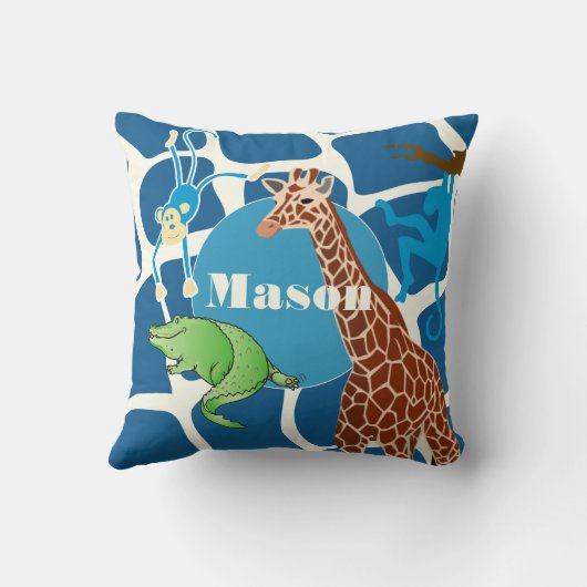かわいい男の子のパーソナライズされたキリン・モンキー・アリゲーター クッション (裏面)