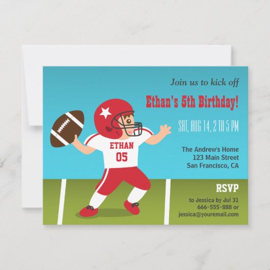 かわいい男の子のフットボールのバースデーパーティ招待状 招待状 (正面)