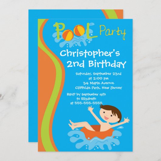 かわいい男の子のプールを囲んでのパーティのバースデーパーティ招待状 招待状 (正面/裏面)