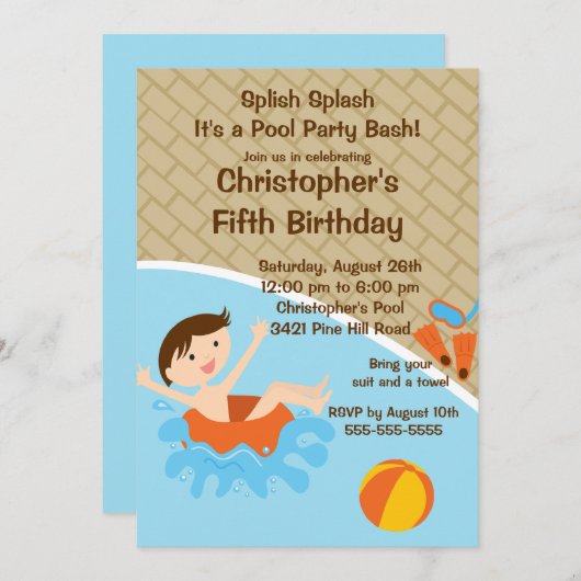 かわいい男の子のプールを囲んでのパーティの誕生日の招待状 招待状 (正面/裏面)