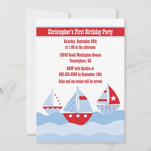 かわいい男の子のヨットの誕生日のパーティの招待状 招待状 (正面)