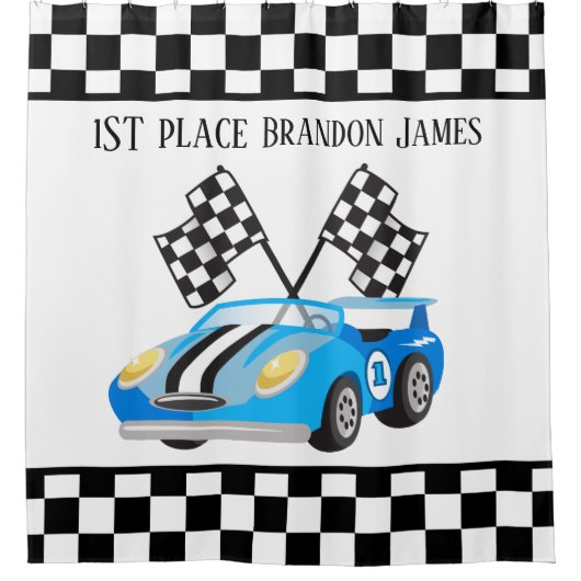 かわいい男の子のレースカー1位のデッキ シャワーカーテン (正面)