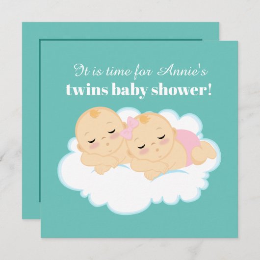 かわいい男の子の双子の赤ちゃんシャワー 招待状 (正面/裏面)