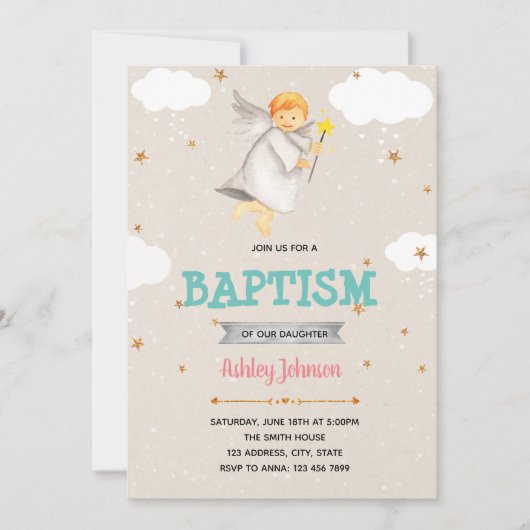 かわいい男の子の天使の洗礼の招待 招待状 (正面)