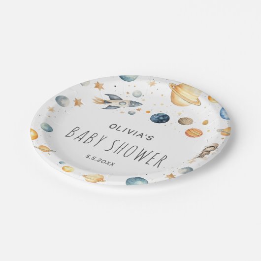 かわいい男の子の宇宙飛行士宇宙ベビーシャワー ペーパープレート (アングル)