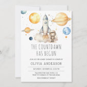 かわいい男の子の宇宙飛行士宇宙ベビーシャワー 招待状 (正面)