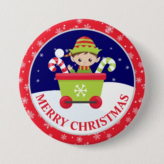 かわいい男の子の小妖精や小人と雪のシーンのクリスマス 缶バッジ (正面)