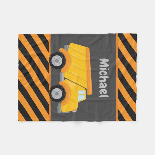 かわいい男の子の建築ダンプトラック名を追加 フリースブランケット (正面(横))