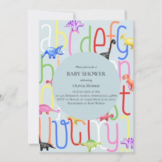 かわいい男の子の恐竜とアルファベットシャワー 招待状 (正面)