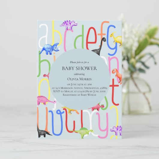 かわいい男の子の恐竜とアルファベットシャワー 招待状 (スタンド正面)