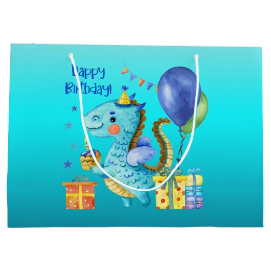 かわいい男の子の恐竜の愛好家のハッピーバースデー ラージペーパーバッグ (裏面)