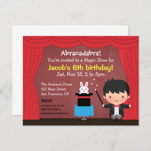 かわいい男の子の手品師の魔法のバースデーパーティ招待状 招待状 (正面/裏面)