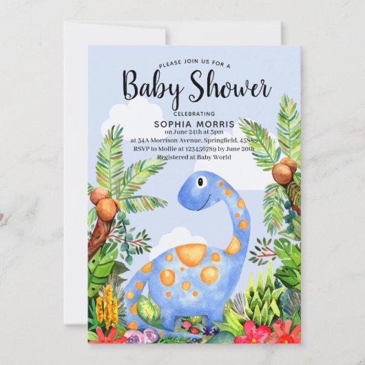 かわいい男の子の水彩恐竜モダンの赤ちゃんシャワー 招待状 (正面)