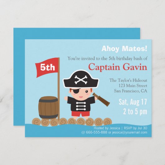 かわいい男の子の海賊誕生会 招待状 (正面/裏面)