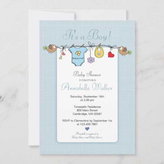 かわいい男の子の物干し用ベビーシャワー 招待状 (正面)