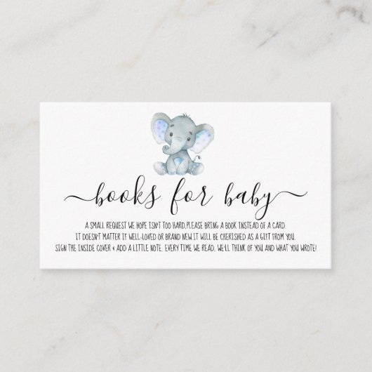かわいい男の子の象の本の赤ちゃんのシャワー要求 エンクロージャーカード (正面)
