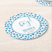 かわいい男の子の赤ちゃんシャワーハート ラウンドペーパーコースター (アングル)