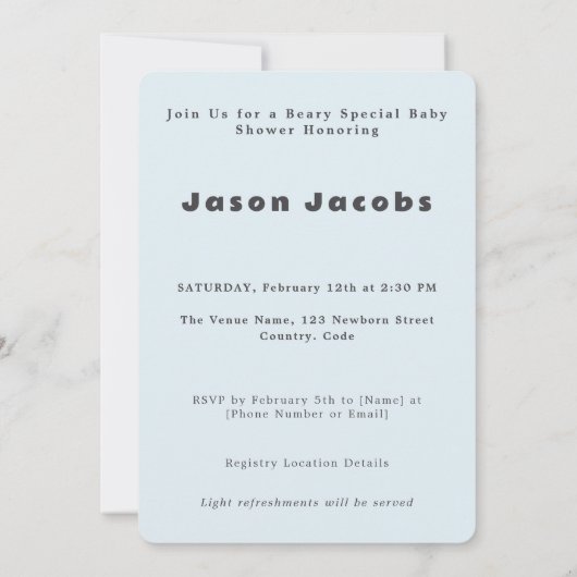 かわいい男の子の赤ちゃんシャワーベア 招待状 (裏面)