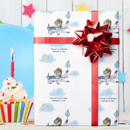 かわいい男の子の青い旅行飛行機の子供の1歳の誕生日 ラッピングペーパー