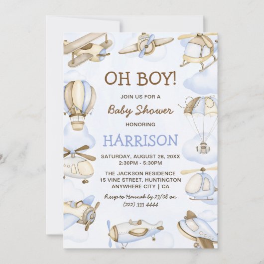 かわいい男の子の飛行機のテーマ赤ちゃんシャワーパーティー 招待状 (正面)
