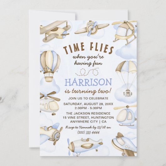 かわいい男の子の飛行機のテーマ2nd誕生日パーティー 招待状 (正面)