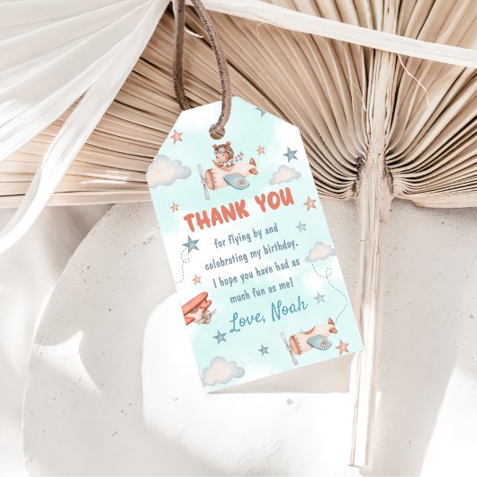かわいい男の子の飛行機テーマ第1誕生日パーティー ギフトタグ