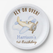 かわいい男の子の飛行機テーマ第1誕生日パーティー ペーパープレート (正面)