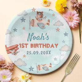 かわいい男の子の飛行機テーマ第1誕生日パーティー ペーパープレート
