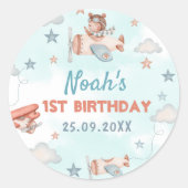 かわいい男の子の飛行機テーマ第1誕生日パーティー ラウンドシール (正面)