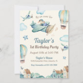 かわいい男の子の飛行機テーマ第1誕生日パーティー 招待状 (正面)