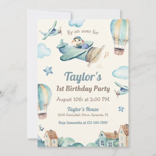 かわいい男の子の飛行機テーマ第1誕生日パーティー 招待状 (正面)