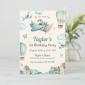 かわいい男の子の飛行機テーマ第1誕生日パーティー 招待状 (スタンド正面)