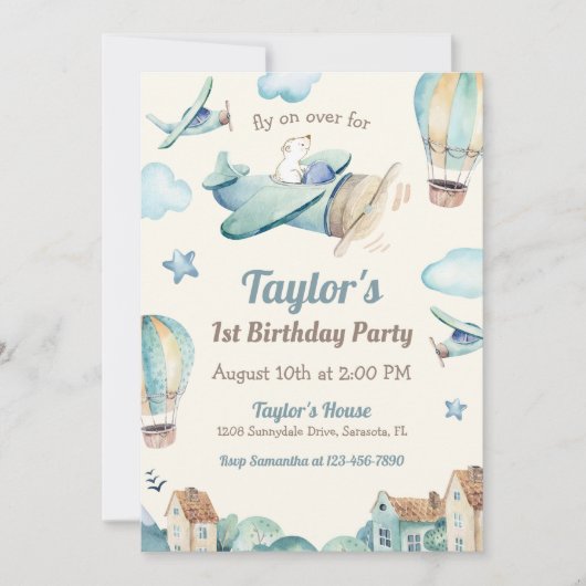かわいい男の子の飛行機テーマ第1誕生日パーティー 招待状 (正面)